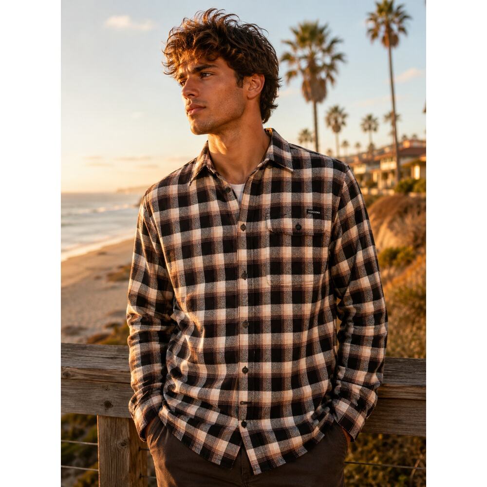 Volcom Plaid Flannel Button Up Shirt Size M Brown Black Skate Surf Casual